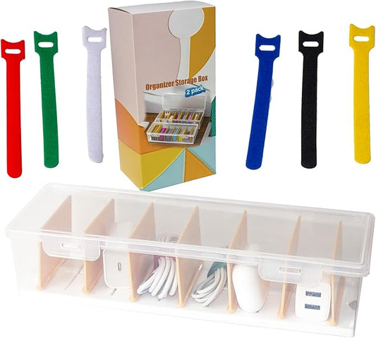 2-Pack Clear Cable Organizer Box with 20 Reusable Cable Ties, Cord Management Case for Phone Chargers, Wires, Electronics. Desk Drawer Storage Organizer for Home, Office