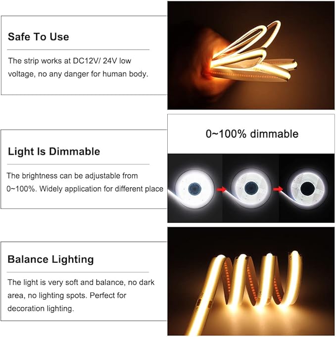 8mm 3000K Warm White COB LED Strip 24V DC Light Tape 480LEDs/m 16.4FT RA>90 High Lumen for House Kitchen Room House Ceiling Dedroom Decorative Lighting (DC24V, Without Power Supply)