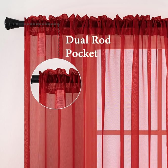 MIULEE 2 Panels Red Solid Color Sheer Christmas Window Curtains Elegant Window Voile Panels/Drapes/Treatment for Bedroom Living Room (54X90 Inches)