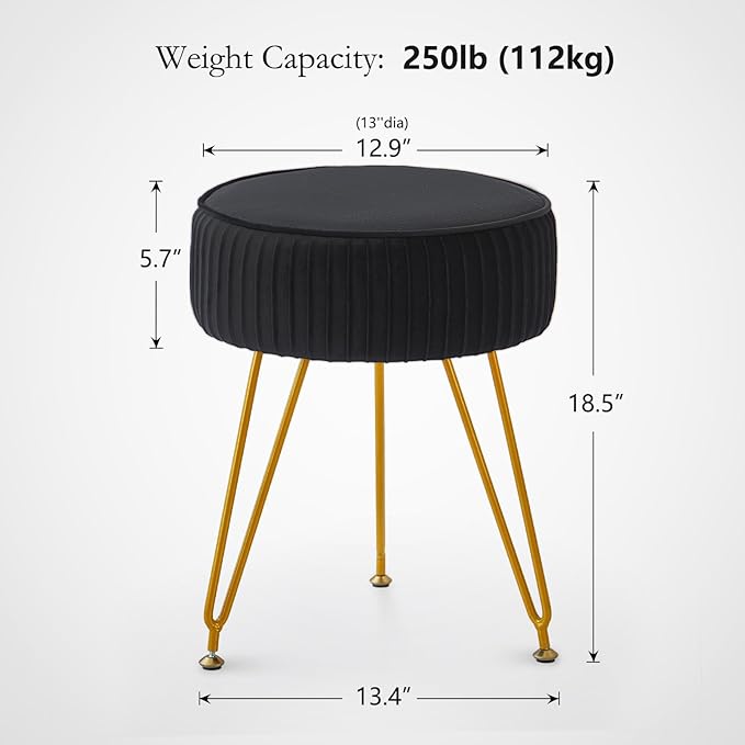 Velvet Vanity Stool Chair, Round Makeup Vanity Chair with Adjustable Metal Legs & Soft Padded Seat, Ottoman Foot Stool for Bedroom, Living Room, Entryway, Black