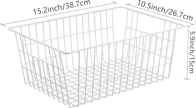 Redrubbit Wire Storage Baskets, Large Farmhouse Metal Freezer Basket Storage Organizer Bins with Handles for Kitchen Cabinets, Pantry, Closets, Bedrooms, Bathrooms, Set of 6, White