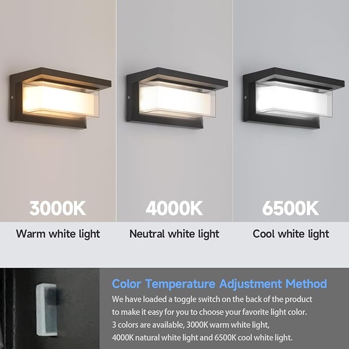 Outdoor Modern Wall Sconce Lights,Dimmable Indoor Wall Light Fixtures,3 Color 3000K/4000K/6500K Adjustable,24W Exterior Wall Lighting,Waterproof Outdoor Porch Light,2160LM Indoor Wall Sconce 1 Pack