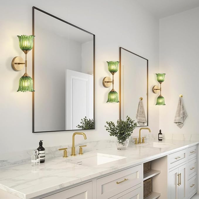 2-Lights Gold Wall Sconce with Green Glass Shades Modern Mid Century Bathroom Vanity Wall Light Fixtures Industrial Brushed Brass Wall Lamp for Bedroom Mirror Living Room