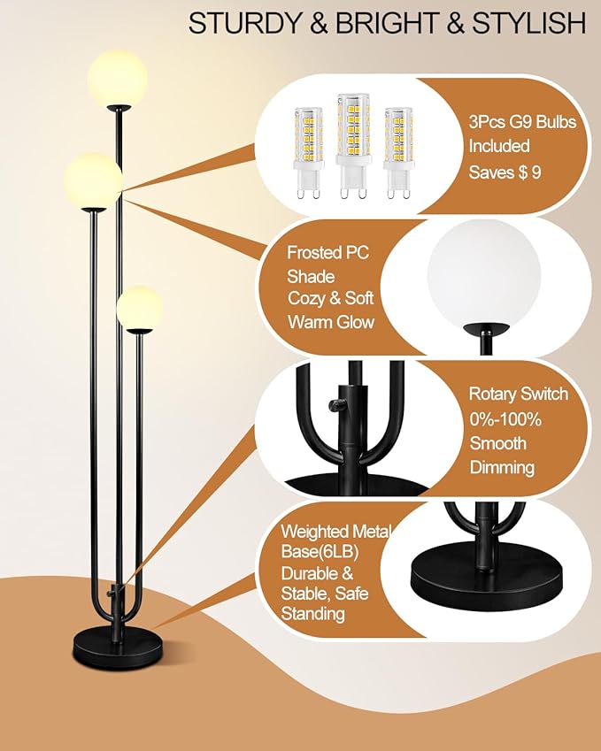 63IN 3-Light Dimmable Floor Lamp, Unique Candle Holder Style Black Tall Standing Lamps with 3000K G9 Bulbs for Reading, Mid Century Modern Floor Lamp for Living Room Bedroom Office