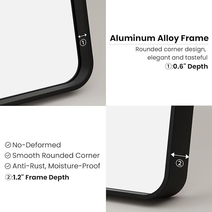 Black Bathroom Mirror, 22x30 Inch Rounded Rectangle Matte Framed Wall Mounted Mirror, Bathroom Vanity Mirror, Tempered Glass, Anti-Rust, Horizontal/Vertical