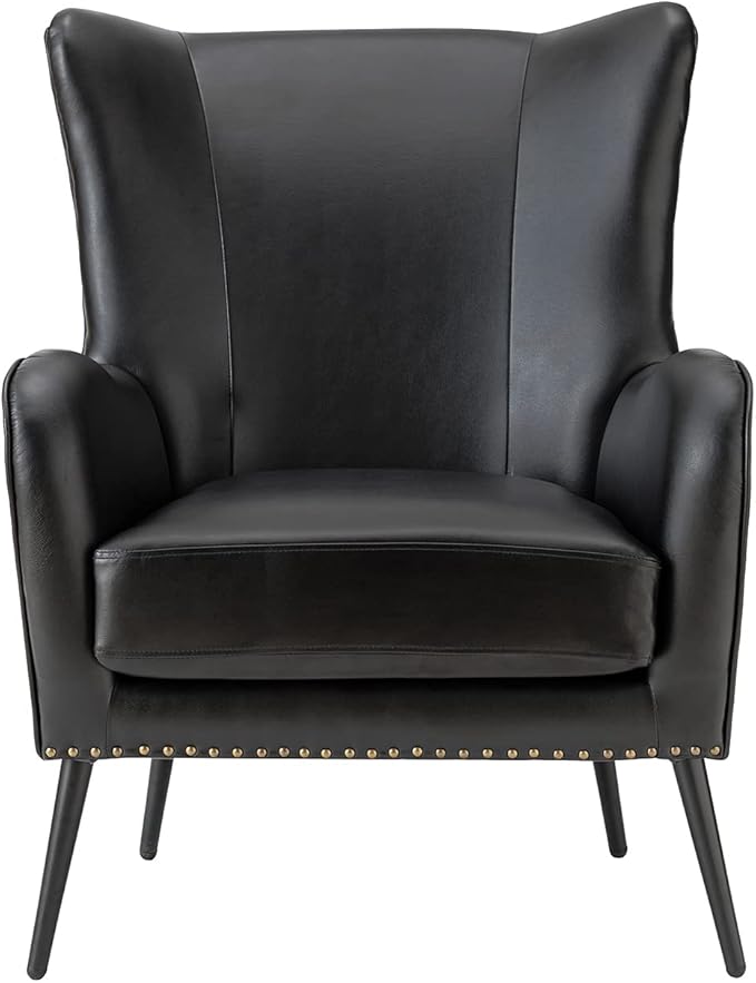 HULALA Home Faux Leather Accent Chair Set of 2 w/Removable Cushion, Comfy Upholstered Armchair with Metal Legs & Nailhead Trim Wingback Vanity Chair Desk Chair for Reading Living Room Bedroom, Black