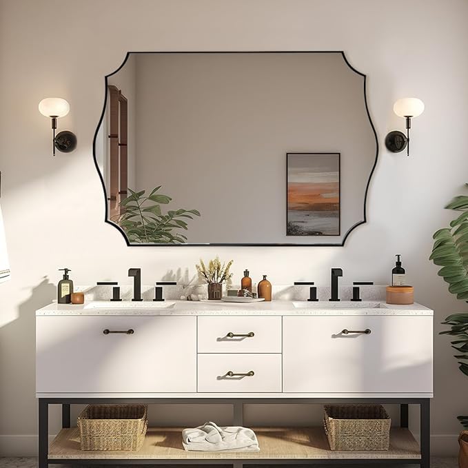 ANDY STAR 30x40 Inch Matte Black Mirror, Large Asymmetrical Wall Mirror in Premium Stainless Steel Metal Thin Frame Deep 1’’, Modern Rectangle Mirror with Unique Wavy Design Ideal for Home Decor