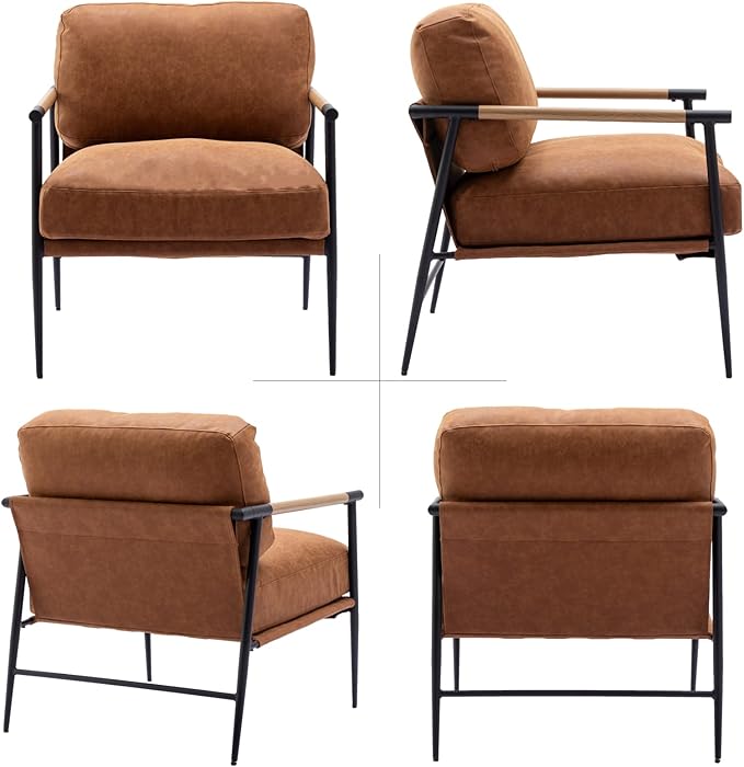 LukeAlon Mid-Century PU Leather Accent Chair, Ultra Soft Living Room Chair with Metal Legs Modern Armchair Upholstered Comfy Leisure Chair for Bedroom Reception Area Reading Room, Brown