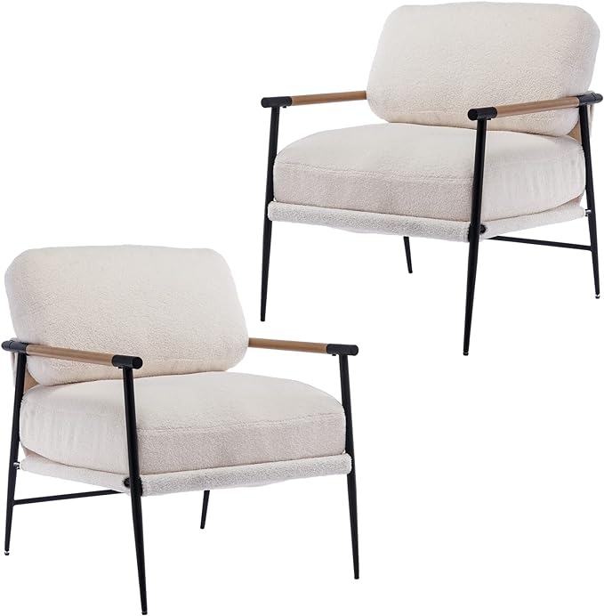 DUOMAY Mid-Century Modern Accent Chair Set of 2, Comfy Sherpa Sofa Lounge Chair Reading Corner Chair for Living Room Bedroom Office, Mid-Back Arm Chair with Black Metal Leg, White