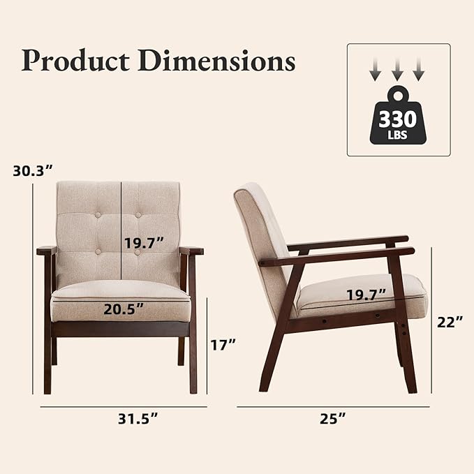 Bonzy Home Fabric Mid-Century Modern Accent Chair Set of 2, Upholstered Armchair with Solid Wood Frame, Reading Chair for Living Room, Bedroom