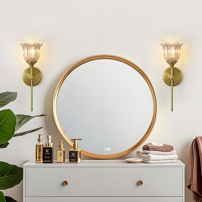 Modern Wall Sconces with Amber Flower Glass Shade 1 Pack, Mid Century Bathroom Vanity Wall Light Fixtures Gold Vintage Wall Lights with Switch for Mirror Bedroom Living Room