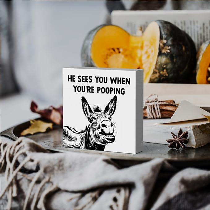 HTBIG Funny Donkey Bathroom Wooden Box Decor He Sees You when You Re Pooping Wooden Box Logo Put It on a Bathroom Corner Shelf to Create a More Cheerful Ambiance 5 x 5 Inch