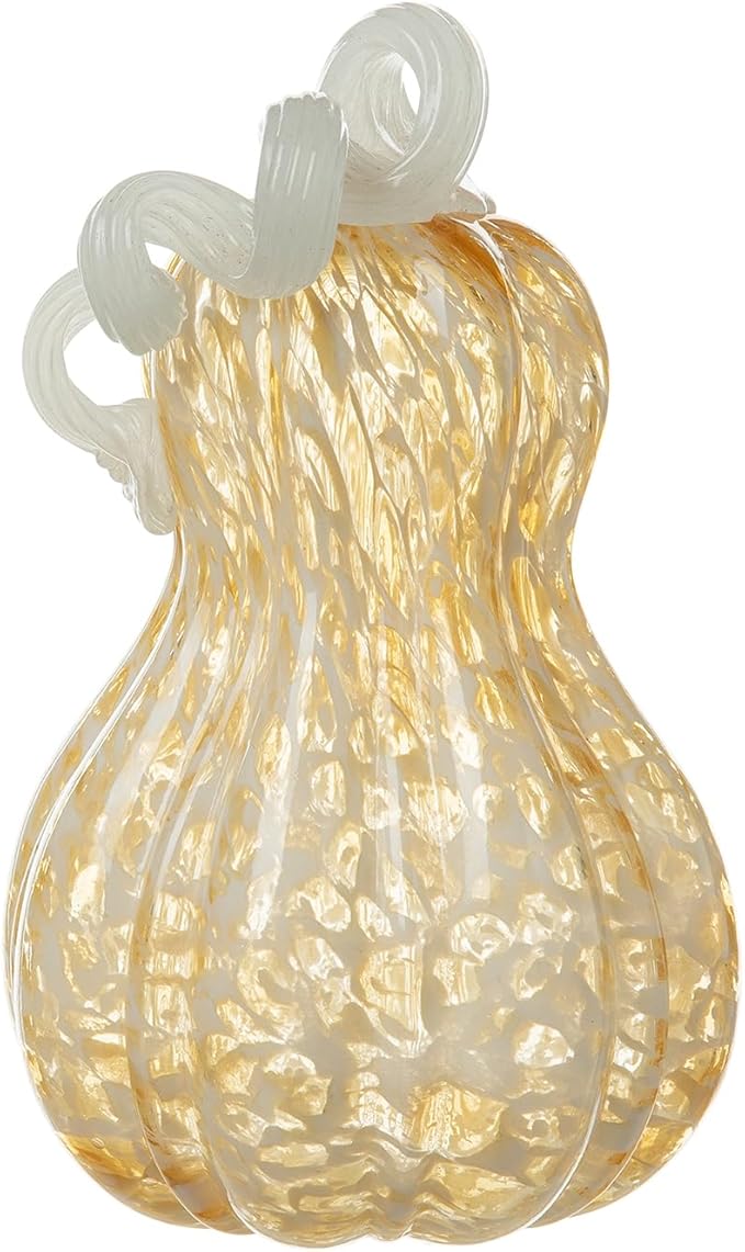 Glitzhome 8.5" H Fall Amber Dots Glass Gourd,Hand Blown Glass Pumpkin Crystal Pumpkin Halloween Pumpkin Decor Table Accent Collectible Figurine for Fall Harvest Thankgiving Decorating