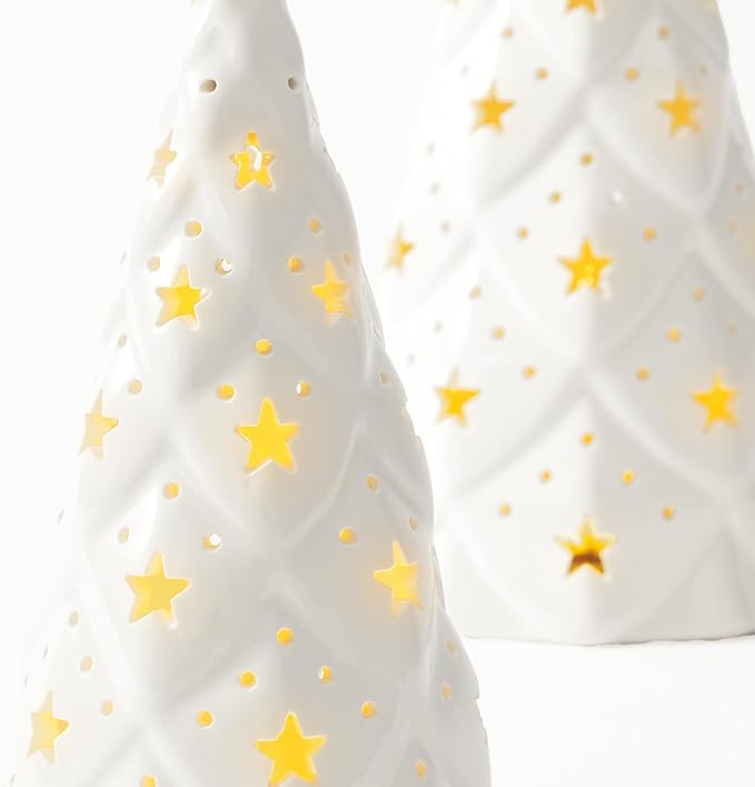 DN Decoration White Ceramic Christmas Tree with Lights, 2Pcs Prelit Tabletop Xmas Decor with Star Cutouts, Battery-Operated LED Trees for Christmas Village, Office, Front Porch Holiday Centerpieces