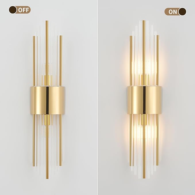 Modern Gold Crystal Wall Sconce, Gold Wall Light Vertical Rod Design,Vintage Looking Gold Metal Wall Sconce, for Living Room, Bedroom, Bathroom, Vanity, Staircase, Hallway