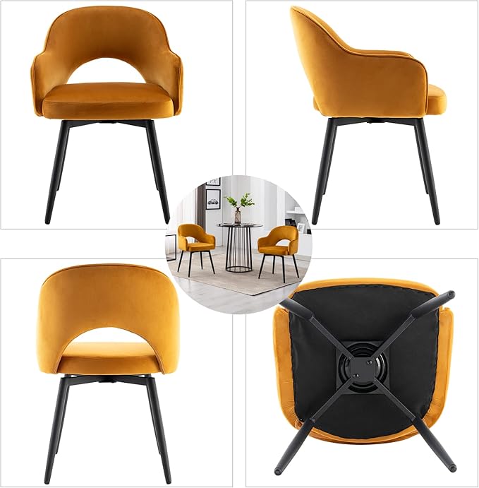 DUOMAY Swivel Dining Chair Set of 2, Velvet Upholstered Side Chair Modern Accent Guest Chair Home Office Desk Chair with No Wheels for Dining Room Living Room Office, Yellow