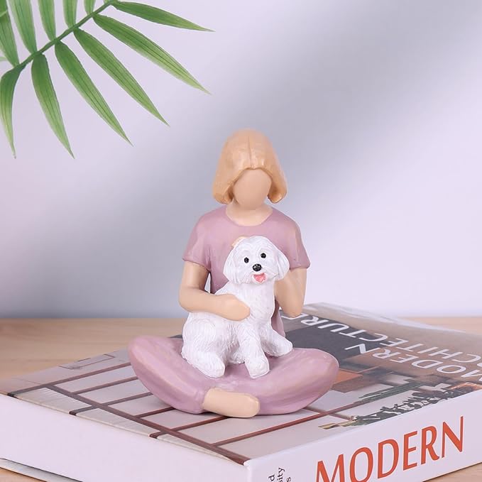 Girl and Dog Figurine Statue – Pet Memorial Gifts for Dog Lovers, Hand-Painted Resin Statue for Tabletop, Shelf, Desk Decor - Sympathy Gift for Birthday, Christmas, Thanksgiving – Purple