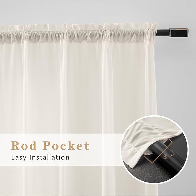 Non-See-Through Beige Privacy Semi Sheer Curtains That Let Light in 63 Inches Long Light Filtering Sheer Window Curtains Drapes for Living Room Bedroom 2 Panels Set Beige