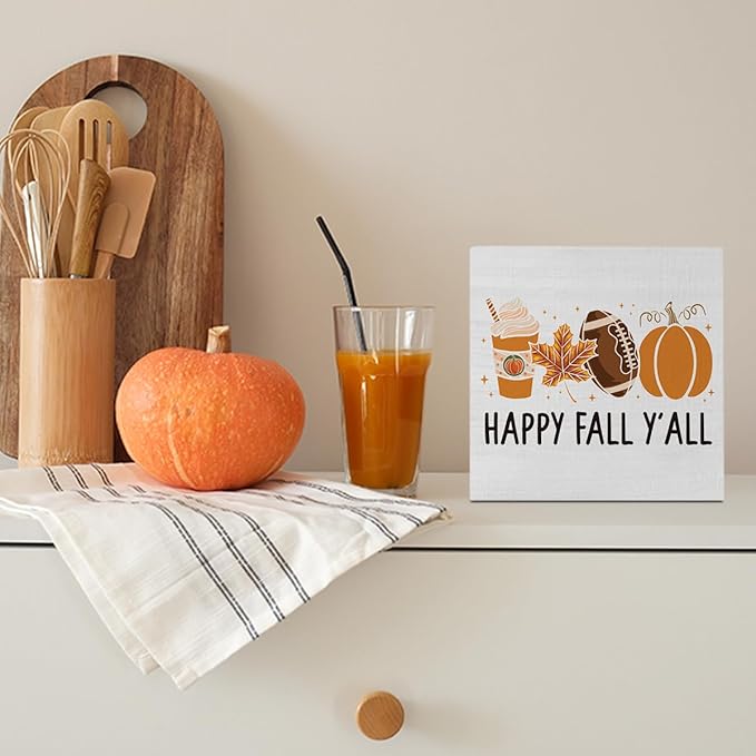 Autumn Decorations Happy Fall Y'all Thanksgiving Gift Pumpkin Football Coffee Wood Square Sign Desk Block Signs Home Shelf Office Decoration 5 x 5 Inches Tub1904