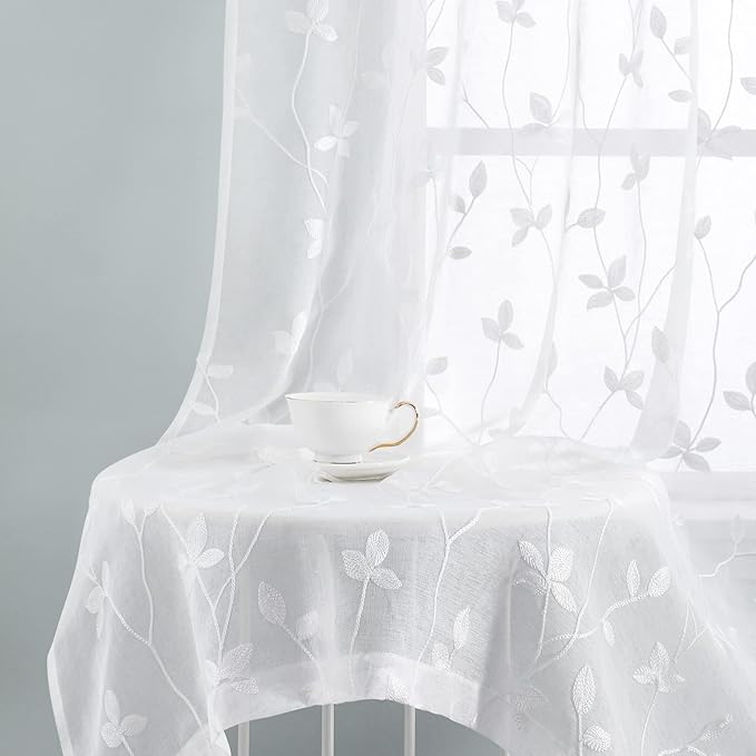 HOMEIDEAS White Sheer Curtains 52 X 96 Inches Length 2 Panels Embroidered Vine Floral Pattern Pocket Faux Linen Semi Sheer Voile Window Drapes for Bedroom Living Room