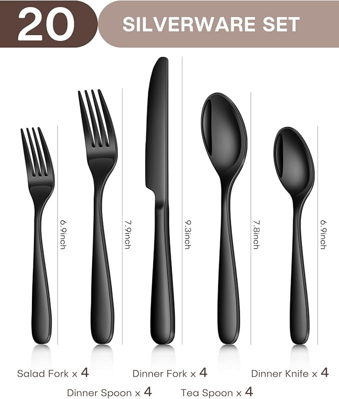 Black Silverware Set, Ollex 20PCS Flatware Set Black for 4 Stainless Steel Eating Utensils Sets Mirror Finish Include Forks Spoons and Knives Tableware Kitchen Cutlery Sets, Dishwasher Safe
