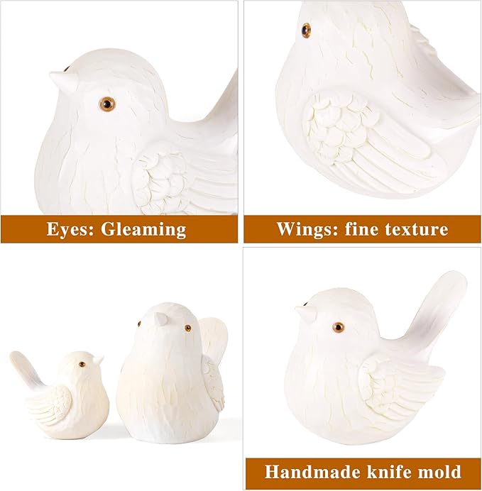 Resin Bird Statues Home Decor - Brids Figurines Decorative for Living Room, Office Desktop, Dedroom, Cute Country Decor for TV Stand (White, 1B & 1S)