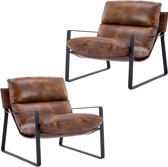 Mid-Century Accent Chair Set of 2, Comfy PU Leather Side Chair with Armrest, Upholstered Leisure Chair with Black Metal Frame for Living Room Bedroom Reception Room, Brown