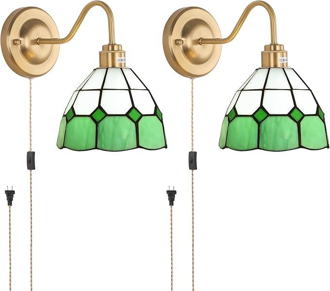 Plug in Wall Sconces Set of 2, Vintage Wall Lamps with Green White Checker Stained Glass Shade, Brass Lights Fixture Decor for Bedroom Bathroom Living Room Hallway