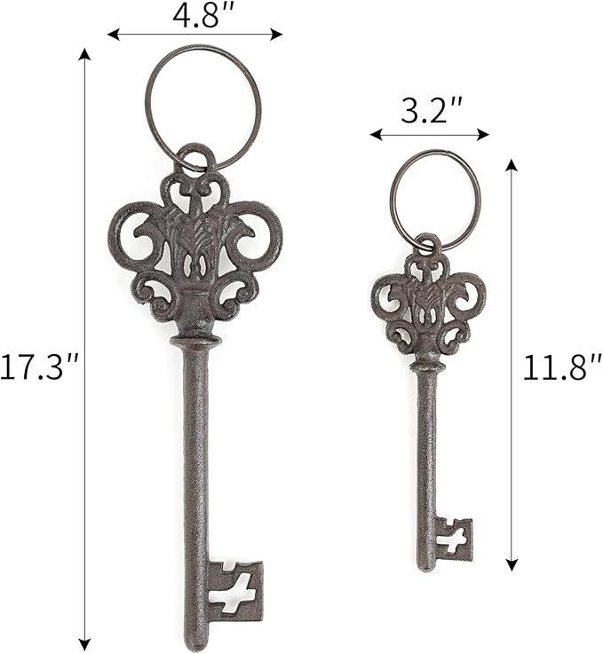 Sungmor Cast Iron Skeleton Keys, Set of 2 Large Old Fashioned, Decorative Wrought Iron Wall Art, Home Garden Farmhouse Halloween Decor, Rustic Brown