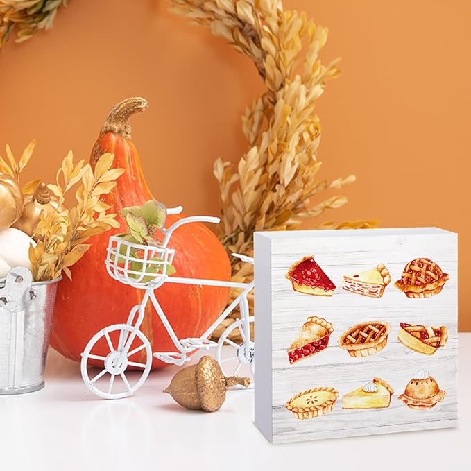 Thanksgiving Fall Decoration Baking Signs Office Bedroom Dining Room Decor Wooden Box Block Plaque Wood Products Sign for Desk Table Tabletop Decor 5 x 5 inches Tub2308