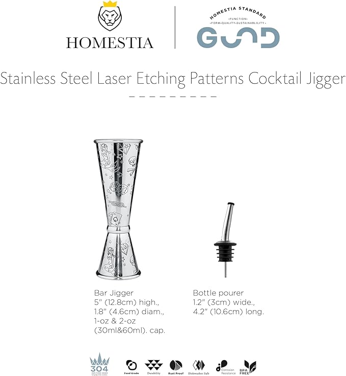 Homestia Jigger for Bartending with 1 Pourer, Japanese Jigger with Measurements Inside, Jigger 2oz 1oz, Shot Measure Jigger, Bar Jigger Bartender Tool Accessories (Silver)