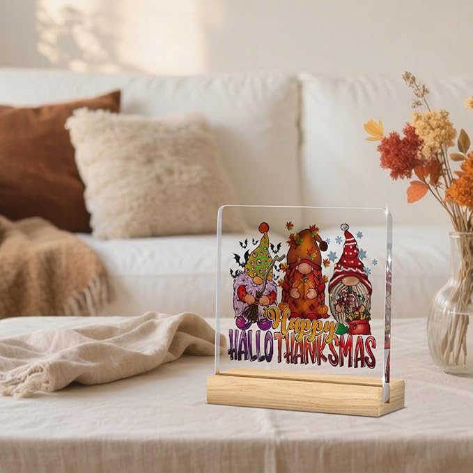 Fall Decor, Thanksgiving Decorations, Fall Decorations for Home, Gnomes Pumpkin Sign, Autumn Harvest Rustic Square Acrylic Sign with Wooden Stands for Kitchen Office Christmas Living Room