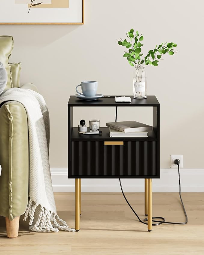 Masupu Nightstand with Charging Station,Mid-Century Modern Bedside Table with Storage Drawer and Open Wood Shelf,Small Gold Frame Side Table for Bedroom,Living Room (Black Fluted)
