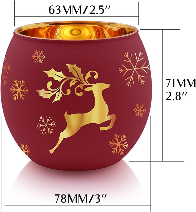 Christmas Votive Candle Holder Set of 6, Red Green White Glass Tealight Holder with 6 Laser Engraving Patterns for Winter Xmas Table Centerpiece Decor
