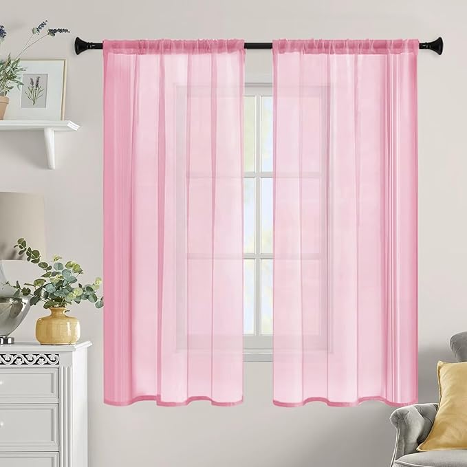 Sheer Curtains 84 Inches Long 2 Panels, Rod Pocket Short Curtain for Kitchen, Bedroom, Cafe Window(Pink 38" W x 84" L)