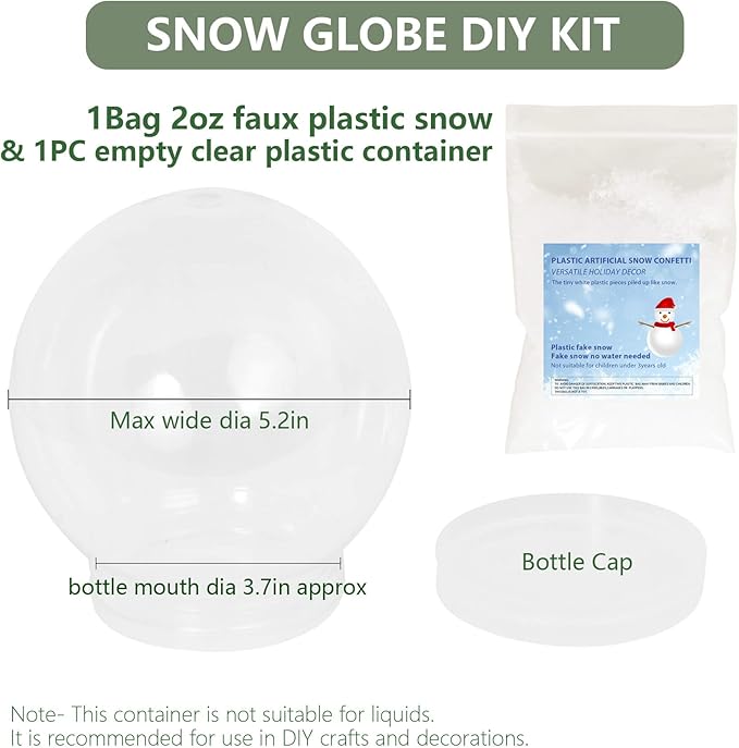Fake Snow Globe Container DIY Kit- Artificial Snow Confetti 2oz & 5.2in Large Snow Globe Empty Clear Plastic, Christmas Holiday Miniatures Decorating Crafts Supplies for Snow Flakes Winter Wonderland