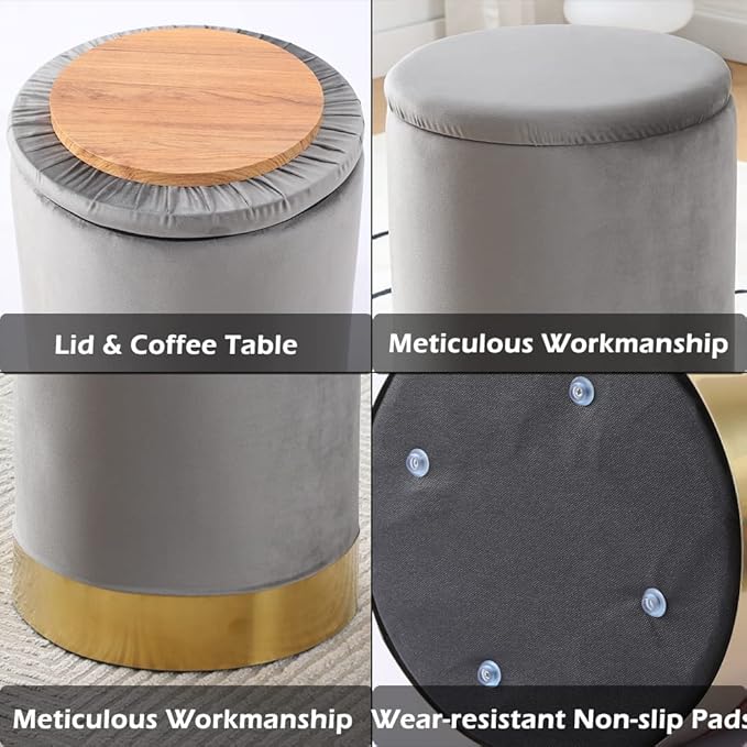 Mxfurhawa Velvet Storage Ottoman Multipurpose Footrest Stool with Metal Base Modern Round Vanity Stool Chair Ottoman Foot Stools Support 300 lbs Padded Seat for Living Room (Grey (Velvet))
