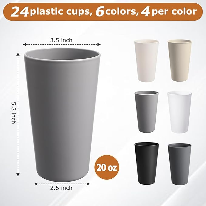 24 Pcs Unbreakable Plastic Cups Set, 20 oz Reusable Plastic Cups, Stackable Water Tumblers, Drinking Cup for Kitchen, Outdoor, BPA-free, Dishwasher Refrigerator and Microwave Safe (20 oz, 6 Colors)
