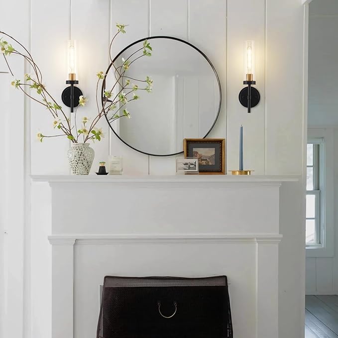 Black and Gold Hardwired Wall Sconces Set of 2, Modern Bathroom Vanity Sconces Wall Lighting with Clear Glass Shade, Farmhouse Wall Mount Lights for Mirror Bedroom Living Room Hallway Kitchen