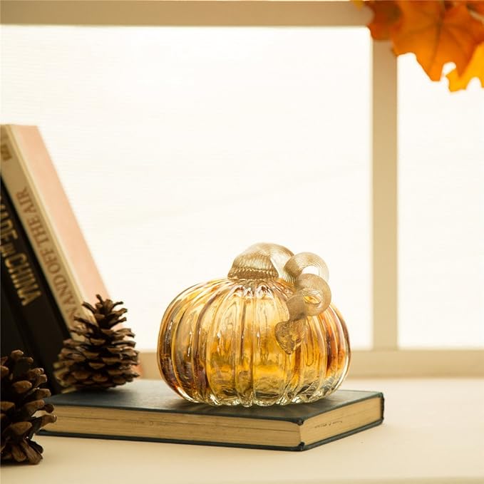 Glitzhome Hand Blown Two-Tone Crackle Glass Pumpkin Elegant Table Accent Amber 4.72 Inch