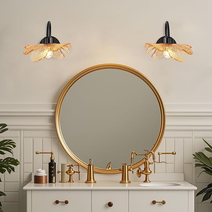Black Wall Sconce 1-Light Black Bathroom Vanity Light Over Mirror, Modern Wall Light Fixture with Amber Glass Shade Flower Art Deco Wall Sconce Bedroom Wall sconces for Bedroom Hallway Living Room