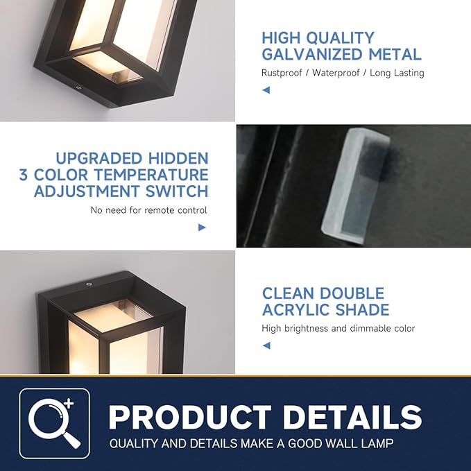 24W Exterior Lighting Fixtures,15%-100% Dimmable,3CCT 3000K/4000K/6500K,2160LM Aluminum Outdoor Modern Wall Lights,10.23 Inch Exterior Wall Lanterns,Matte Black Indoor Wall Sconce Art Lights 2 Pack
