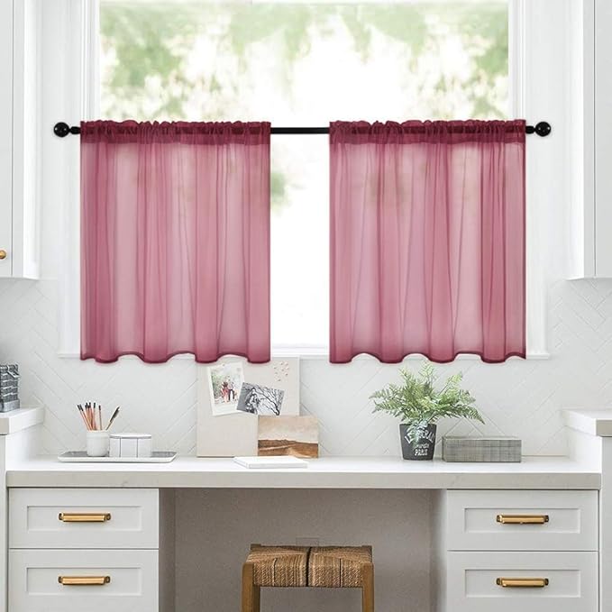 MIULEE Short Sheer Curtains 30 Inch Length for Kitchen Bathroom Cafe Half Window Treatment, Rod Pocket Tier Curtains 2 Panels, 29x30 Inches Long, Maroon Red