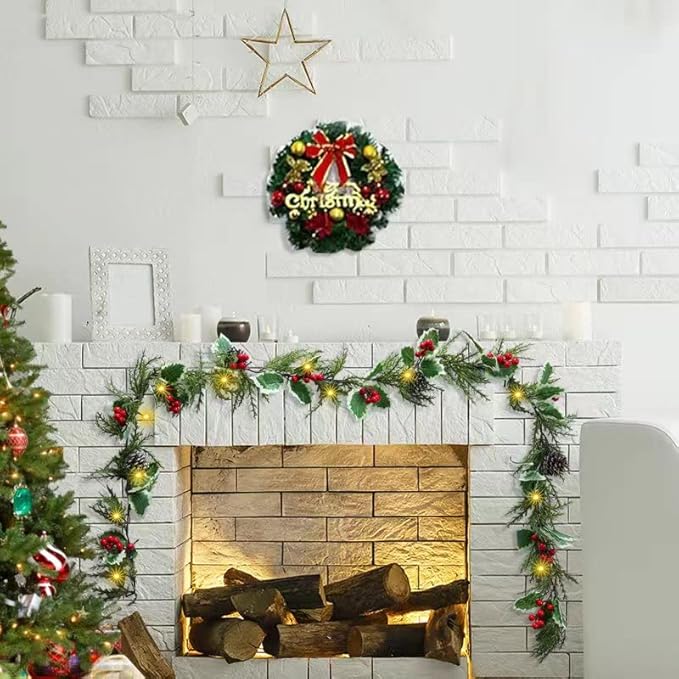 6ft 20 LED Christmas Garland with Holly Pines,Battery Operated Garland with Timer, Red Berry Garland with Lights for Indoor Mantle Fireplace Stair Home Holiday Decoration