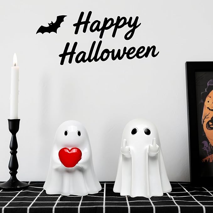 Halloween Ghost Figurine Decor - 2Packs Funny Middle Finger & Heart Hallowen Statue, Cute Spooky Ghosts Figurine Hallowee Decoration for Gift Props Tabletop Home Decor New Year's Gifts