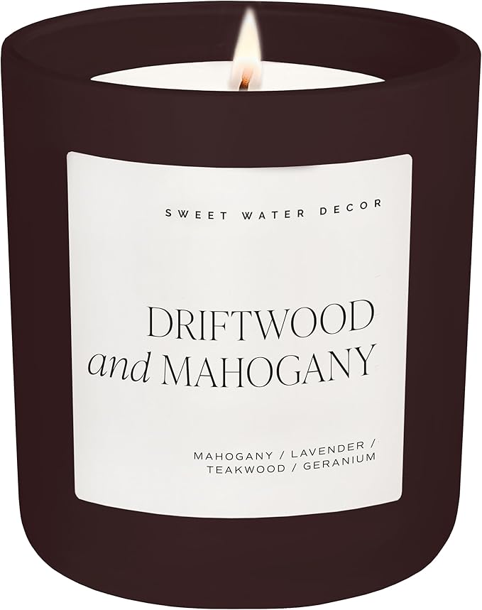 Sweet Water Decor Driftwood & Mahogany Candle, Large 15oz Jar, Non-Toxic Soy Wax Blend Scented with Lavender, Teakwood & Geranium, Masculine Candle for Men or Women, Long-Lasting 70+ Hour Burn