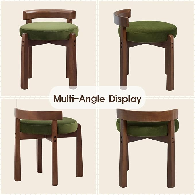 LukeAlon Cute Velvet Upholstered Vanity Stool, Round Makeup Stool with Wooden Legs Small Ottoman Chair Modern Padded Seat for Makeup Room Cloakroom Bedroom Entryway, Vintage Green