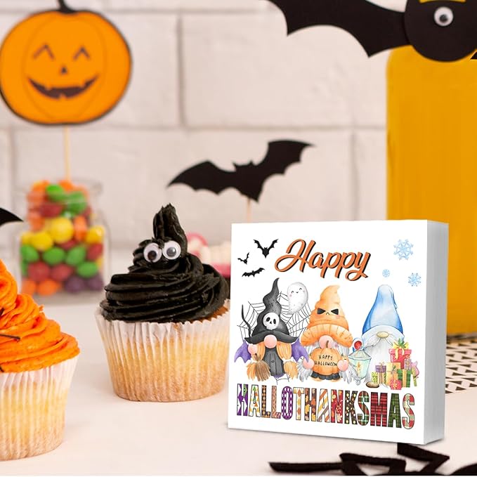 Halloween Thanksgiving Christmas Decor Happy Hallothanksmas Gnomes Wooden Box Sign for Home Bedroom Shelf Desk