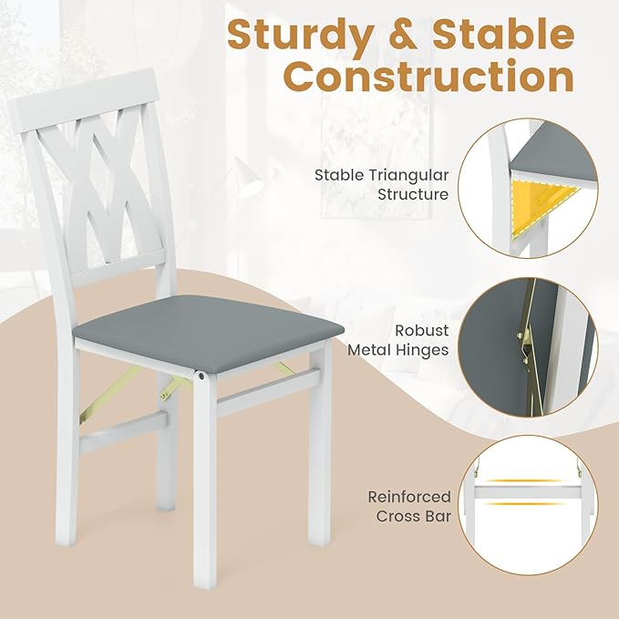 GOFLAME Folding Dining Chairs Set of 2, Foldable Kitchen Chairs with PVC Leather Padded Seat and Rubber Wood Frame, Elegant Hollowed Backrest, Wooden Dinner Chair Set for Dining Room, White