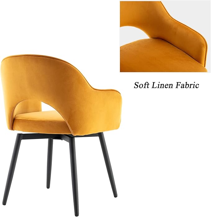 DUOMAY Swivel Dining Chair Set of 2, Velvet Upholstered Side Chair Modern Accent Guest Chair Home Office Desk Chair with No Wheels for Dining Room Living Room Office, Yellow